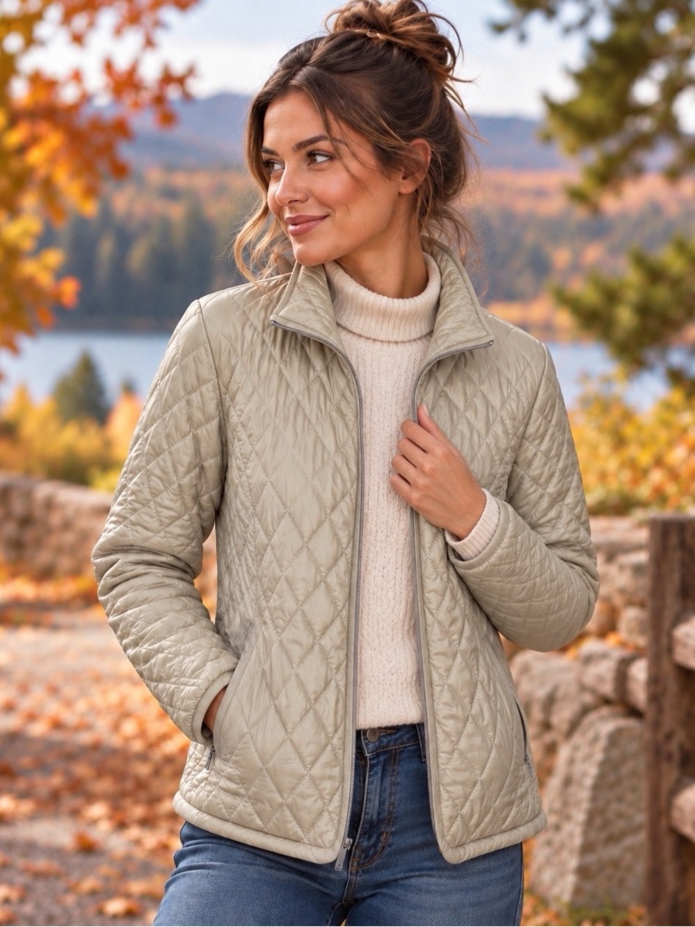 Lands’ End PrimaLoft Women’s Light Beige Diamond Quilted Puffer Jacket L 14-16